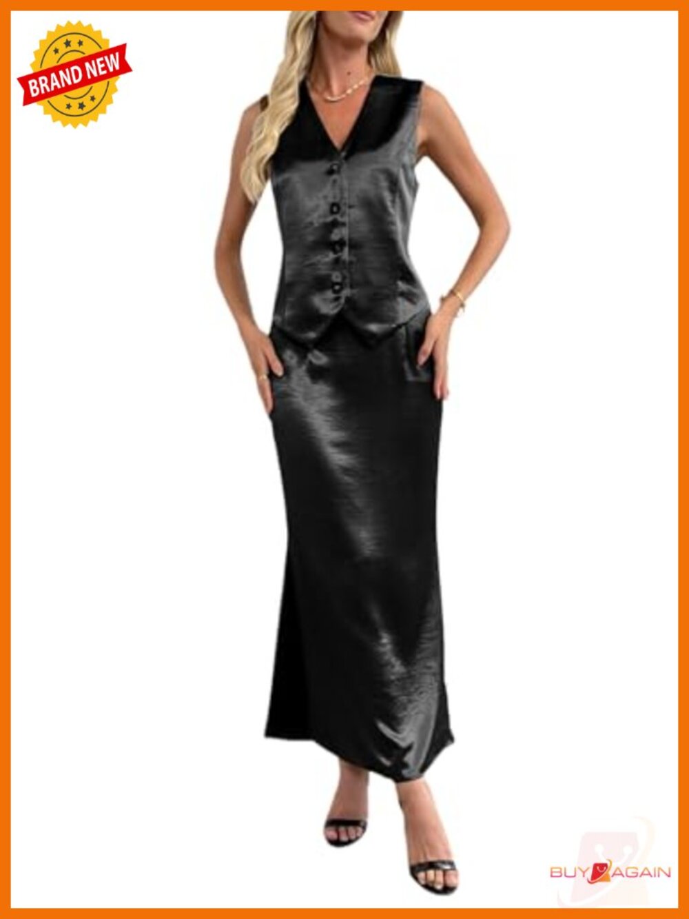 2 Piece Maxi Skirt Set - Satin Vest Waistcoat & Flared Skirt, Business Casual